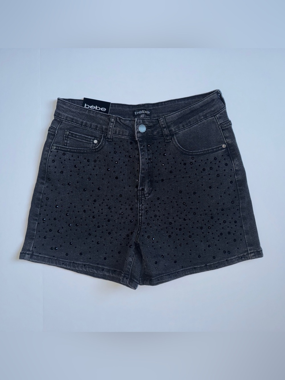 NWT bebe Black Rhinestone Embellished High Rise Denim Shorts